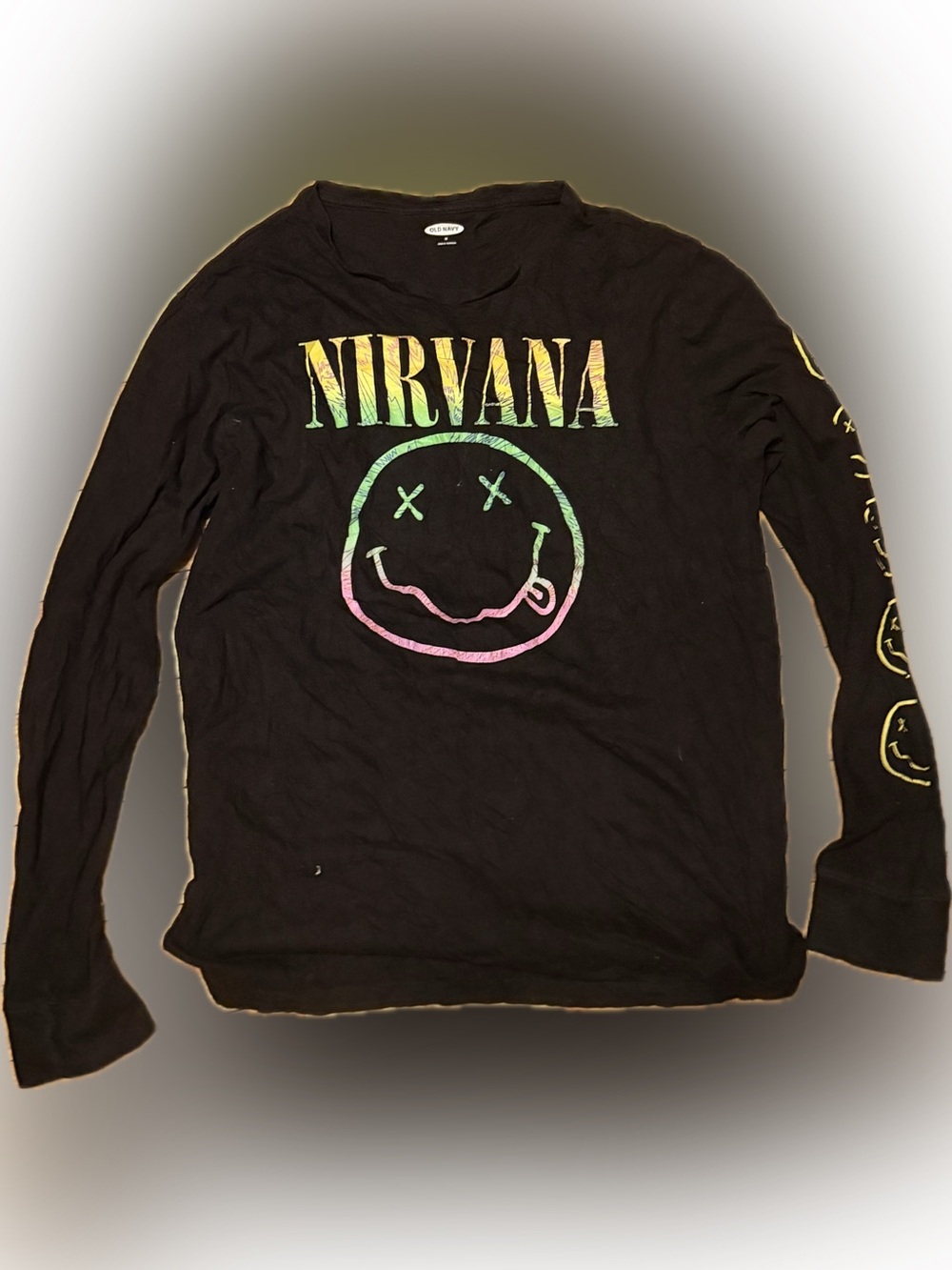 Old Navy Black Long-Sleeve Nirvana Rainbow Smiley Tee